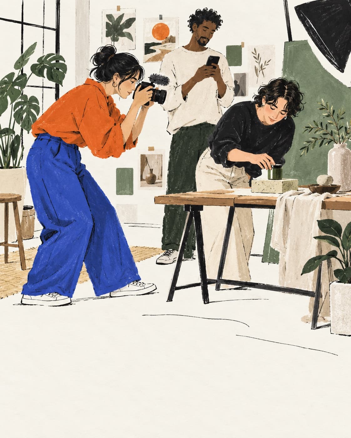 An editorial illustration of three creators filming and styling a product together.