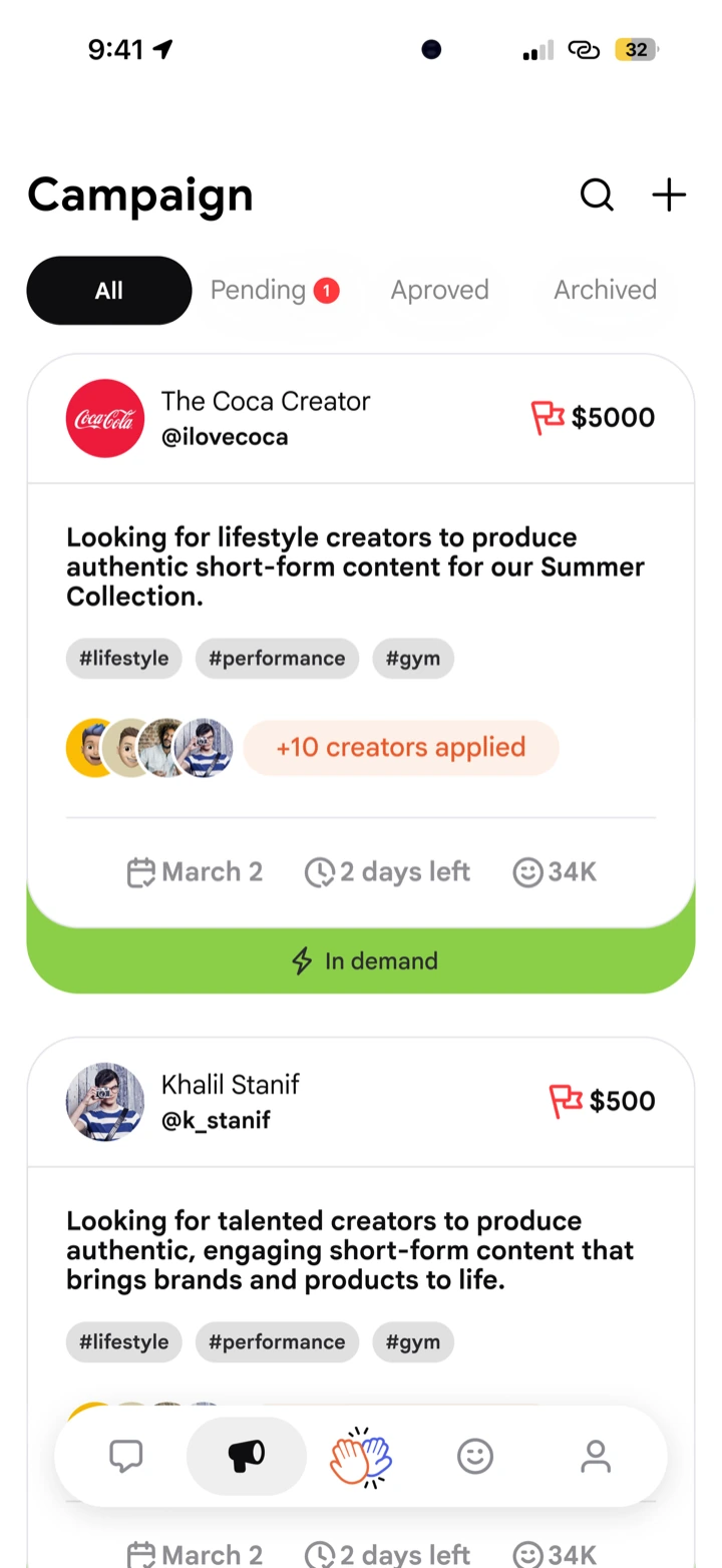 FindCollabs app: Campaigns screen